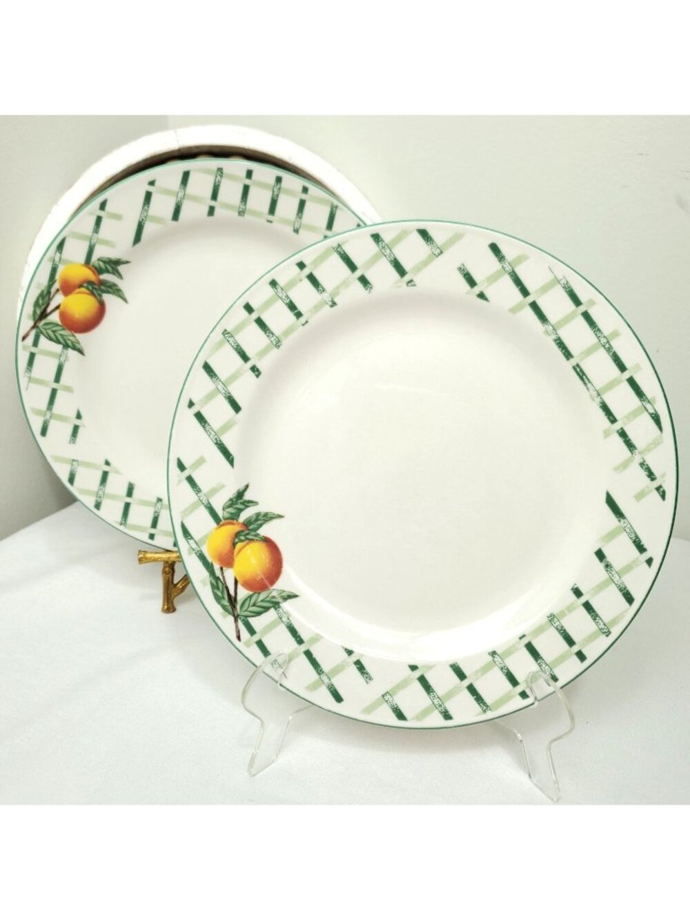 Garden Trellis Stoneware Salad Plates By Citation Green White Peach Set of 2 8"